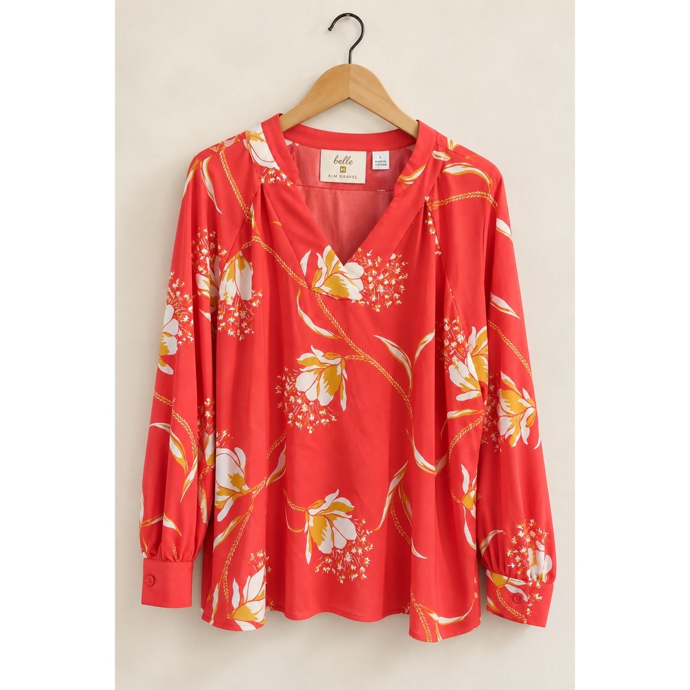 Belle by Kim Gravel Womens Large Coral Red Floral V-Neck Blouse Long Sleeve
